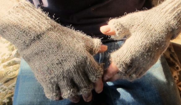 Workman's fingerless gloves in Morron Bouton from The Wool Box - amazingly durable.
