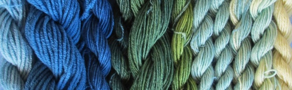 The full range of indigo and green colors that Andie taught us to make at the Woolbox's dying workshop.