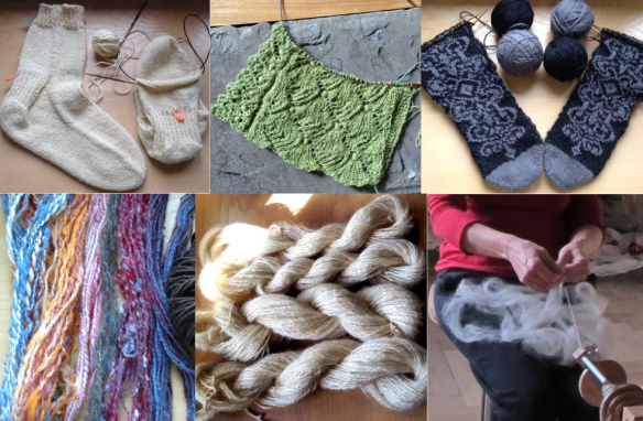A few of the projects hat I've been working on, from upper left: Toe up socks with gusset heel, Dutch Lace Shawl, Josephine Jaquard socks. Lower left, Sunset over Lago Maggiore (an art yarn project), 200 yards of Southafrican Mohair and me at my new wheel with a lap full of Extra-Fine merino.