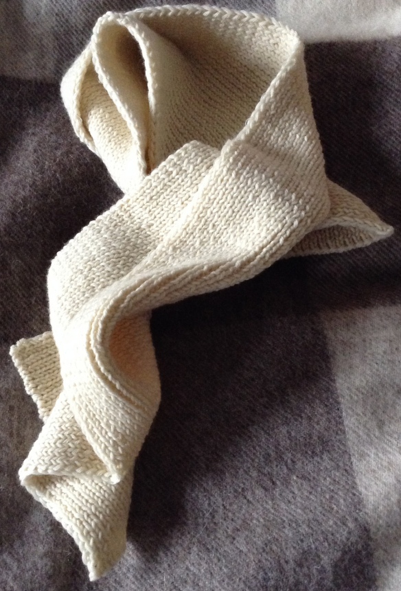 'Ascot' length scarf in 1 x 1 rib knitted in Merino d'Arles from The Wool Box
